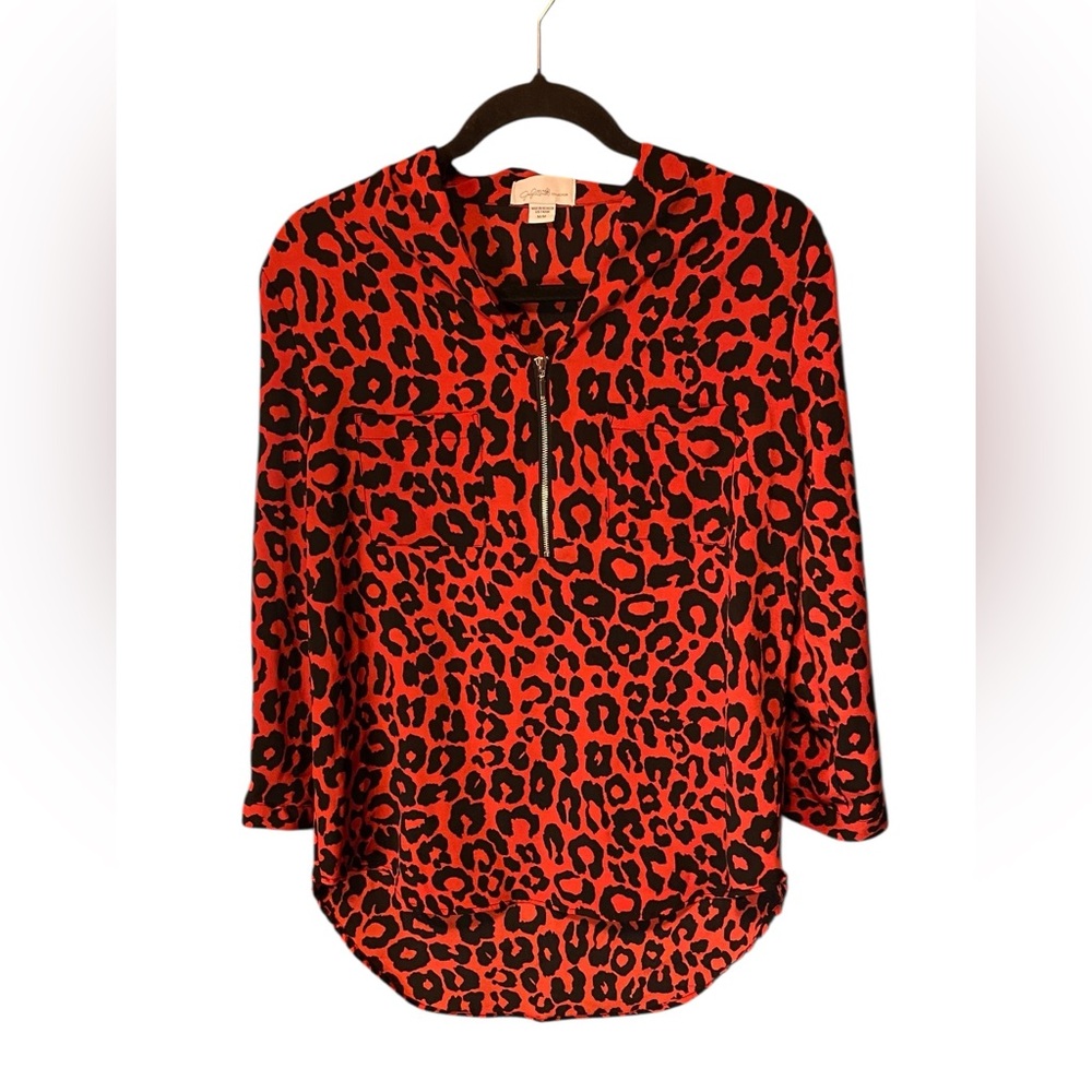 Jaclyn Smith Red Black Animal Print Blouse Medium Leopard Top